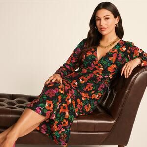 DIANE VON FURSTENBERG V-Neck Silk Midi Dress Bright Floral Sz 6 $678 {E17}